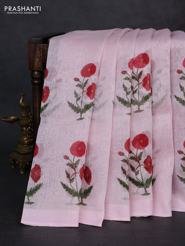 Pure linen silk saree baby pink with floral digital butta prints and simple border