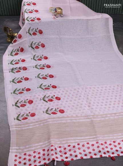 Pure linen silk saree baby pink with floral digital butta prints and simple border