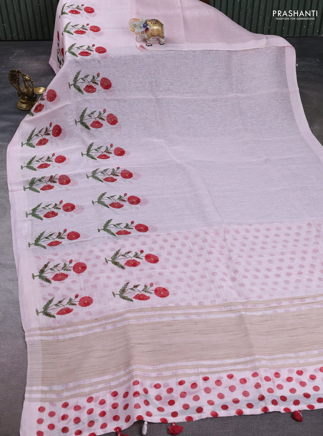 Pure linen silk saree baby pink with floral digital butta prints and simple border