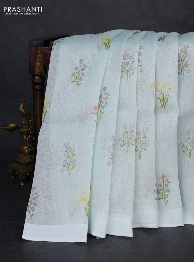 Pure linen silk saree mild teal with floral digital butta prints and simple border