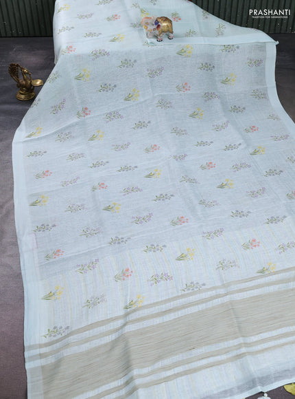 Pure linen silk saree mild teal with floral digital butta prints and simple border