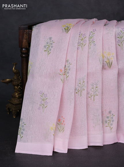 Pure linen silk saree light pink with floral digital butta prints and simple border