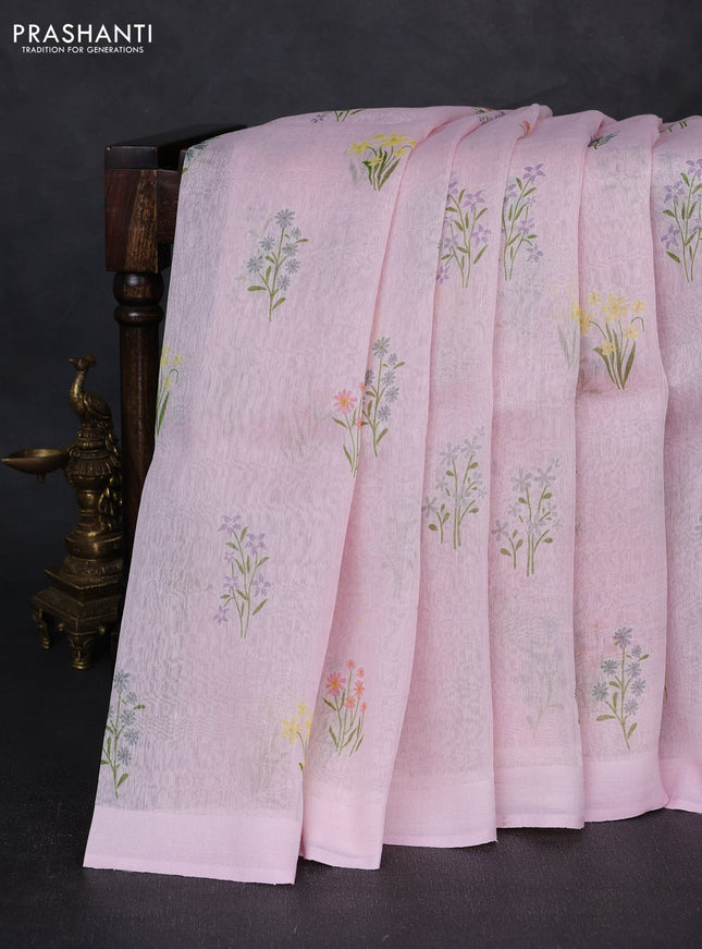 Pure linen silk saree light pink with floral digital butta prints and simple border