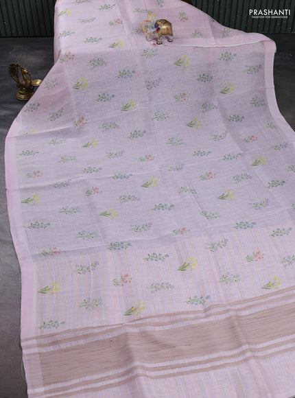 Pure linen silk saree light pink with floral digital butta prints and simple border