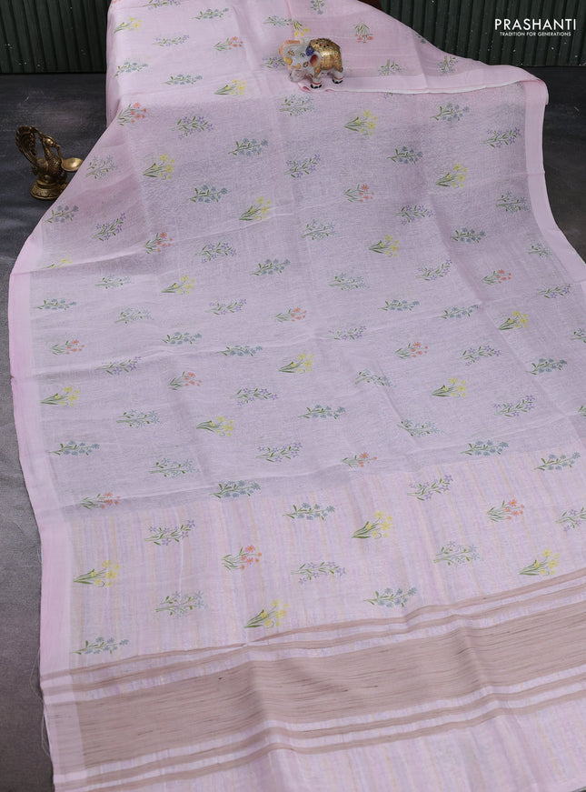 Pure linen silk saree light pink with floral digital butta prints and simple border