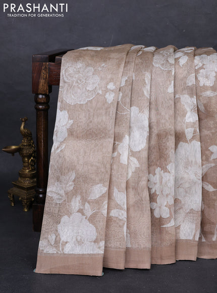 Pure linen silk saree pastel brown with floral digital prints and simple border