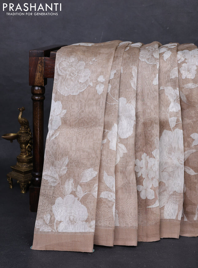 Pure linen silk saree pastel brown with floral digital prints and simple border