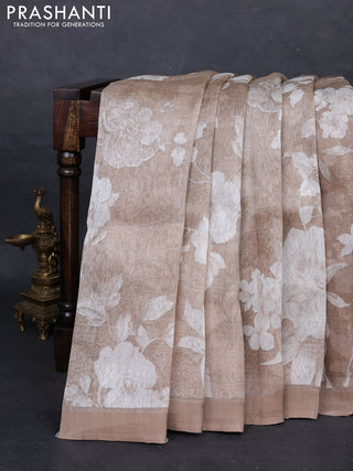 Pure linen silk saree pastel brown with floral digital prints and simple border