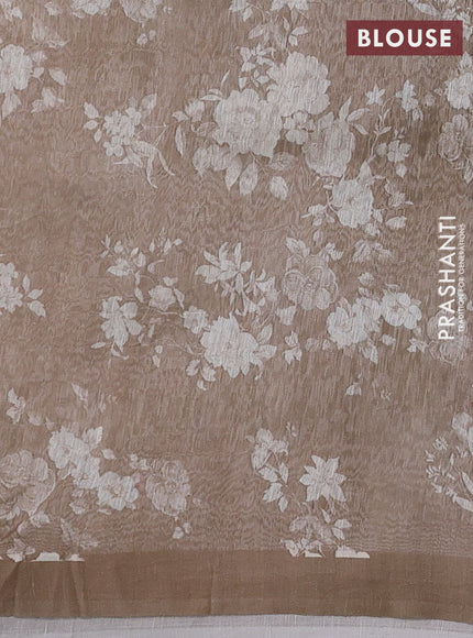 Pure linen silk saree pastel brown with floral digital prints and simple border