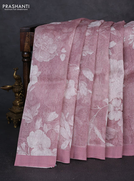 Pure linen silk saree pastel pink shade with floral digital prints and simple border