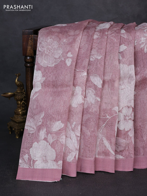 Pure linen silk saree pastel pink shade with floral digital prints and simple border