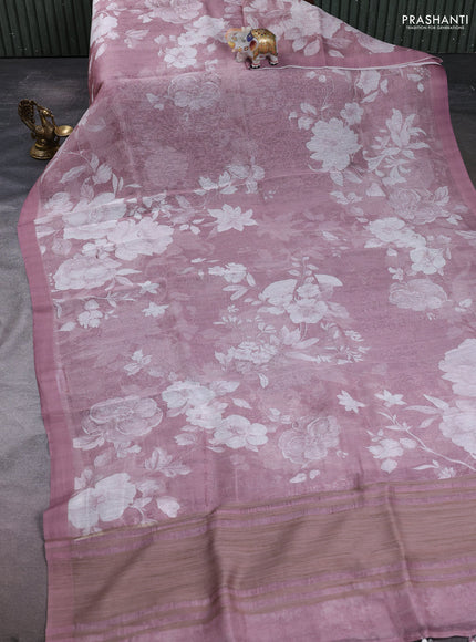 Pure linen silk saree pastel pink shade with floral digital prints and simple border