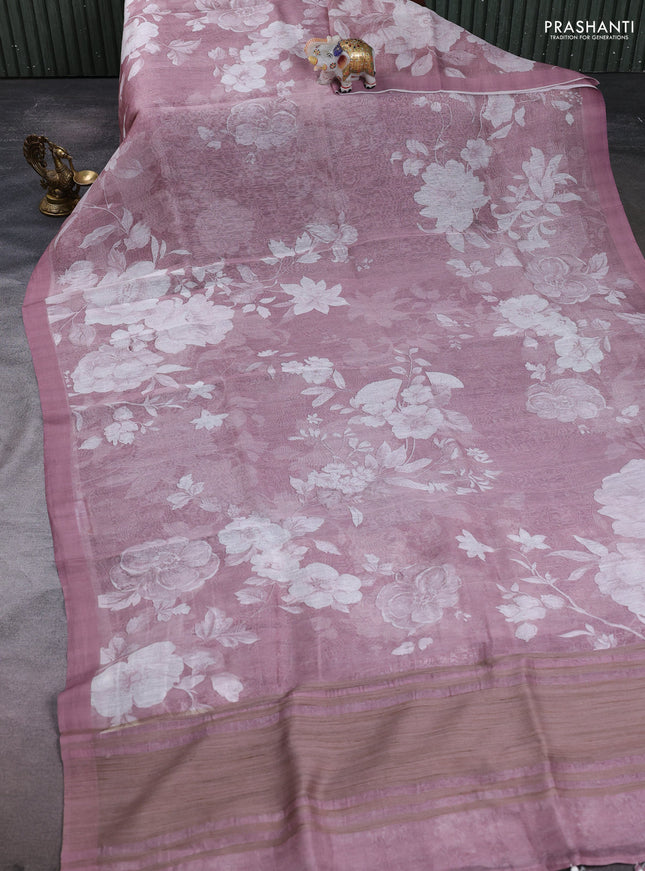 Pure linen silk saree pastel pink shade with floral digital prints and simple border