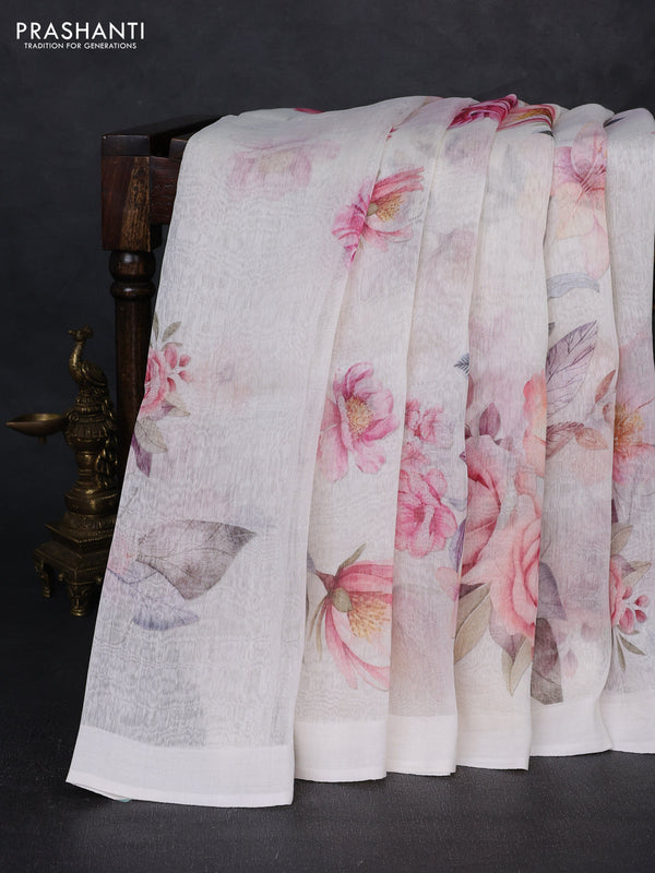 Pure linen silk saree off white with allover floral prints and simple border