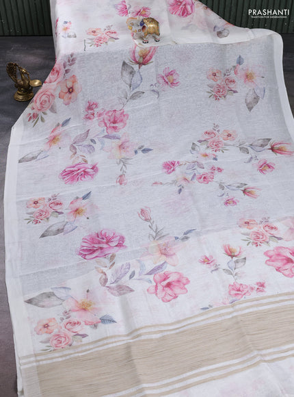 Pure linen silk saree off white with allover floral prints and simple border