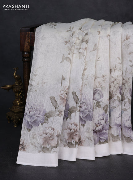 Pure linen silk saree off white with allover floral prints and simple border