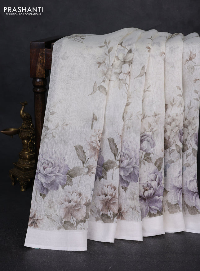 Pure linen silk saree off white with allover floral prints and simple border