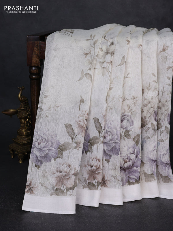 Pure linen silk saree off white with allover floral prints and simple border