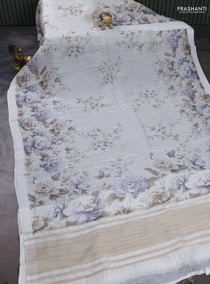 Pure linen silk saree off white with allover floral prints and simple border