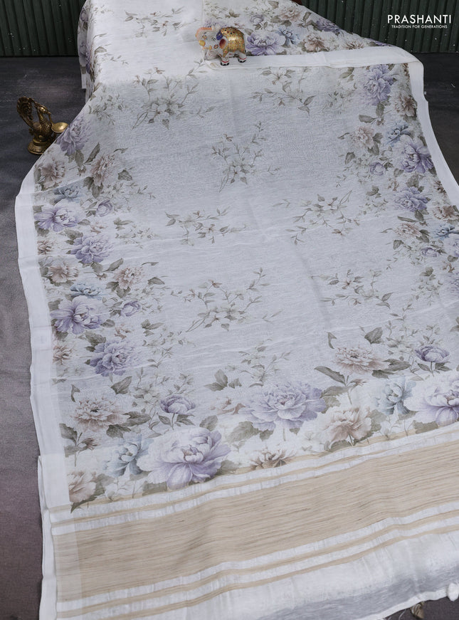 Pure linen silk saree off white with allover floral prints and simple border