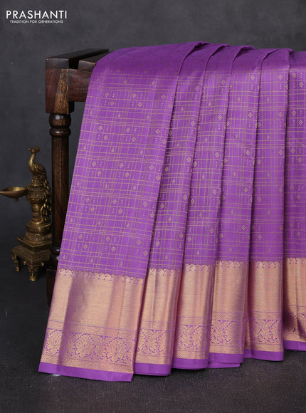 Pure kanchipuram silk saree lavander with allover zari checks & buttas and rich zari woven border