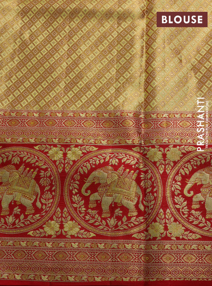 Pure kanchipuram tissue silk saree lime green and red with allover zari woven brocade weaves and long elephant zari woven border