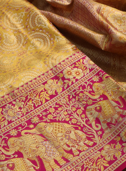 Pure kanchipuram tissue silk saree mustard yellow and pink with allover zari woven brocade weaves and long elephant zari woven border