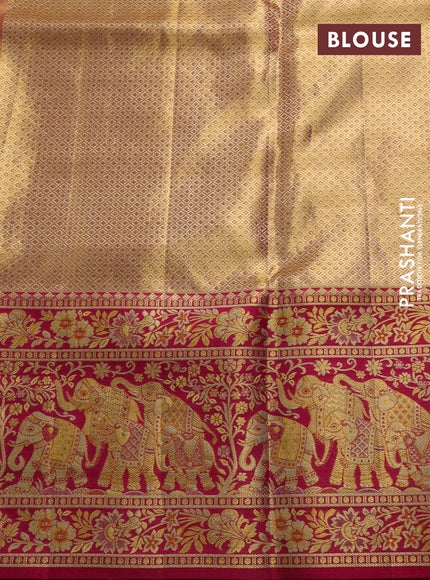 Pure kanchipuram tissue silk saree mustard yellow and pink with allover zari woven brocade weaves and long elephant zari woven border
