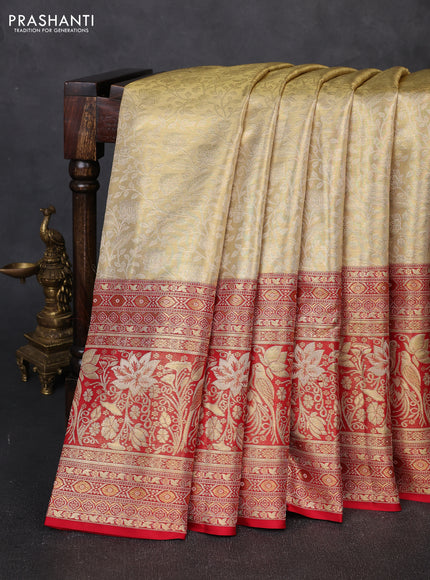 Pure kanchipuram tissue silk saree gold and red with allover zari woven brocade weaves and rich parrot zari woven border