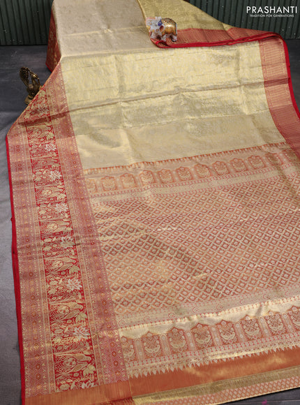 Pure kanchipuram tissue silk saree gold and red with allover zari woven brocade weaves and rich parrot zari woven border