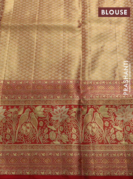 Pure kanchipuram tissue silk saree gold and red with allover zari woven brocade weaves and rich parrot zari woven border