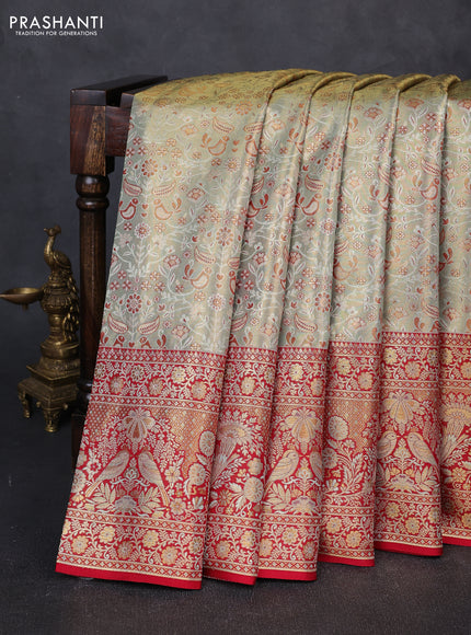 Pure kanchipuram tissue silk saree teal shade and red with allover zari woven brocade weaves and rich parrot zari woven border