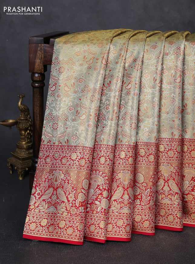 Pure kanchipuram tissue silk saree teal shade and red with allover zari woven brocade weaves and rich parrot zari woven border