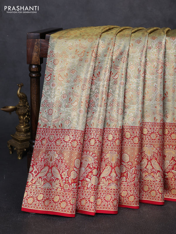 Pure kanchipuram tissue silk saree teal shade and red with allover zari woven brocade weaves and rich parrot zari woven border