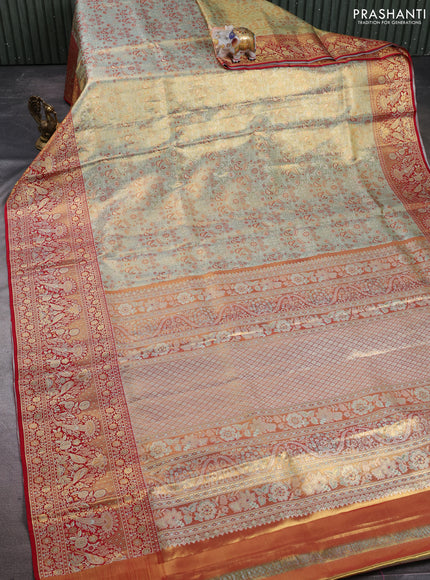 Pure kanchipuram tissue silk saree teal shade and red with allover zari woven brocade weaves and rich parrot zari woven border
