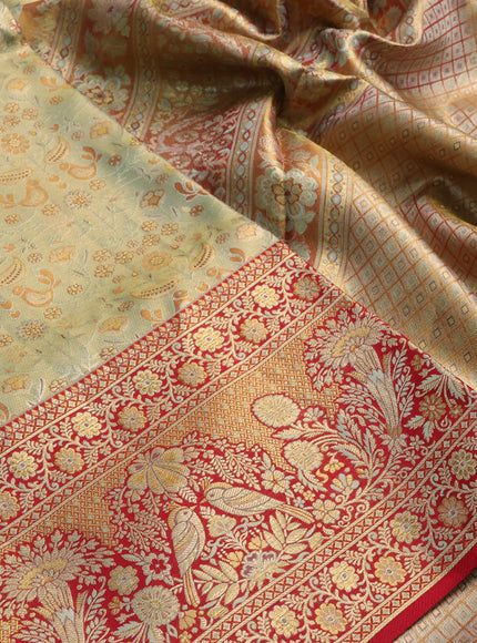 Pure kanchipuram tissue silk saree teal shade and red with allover zari woven brocade weaves and rich parrot zari woven border