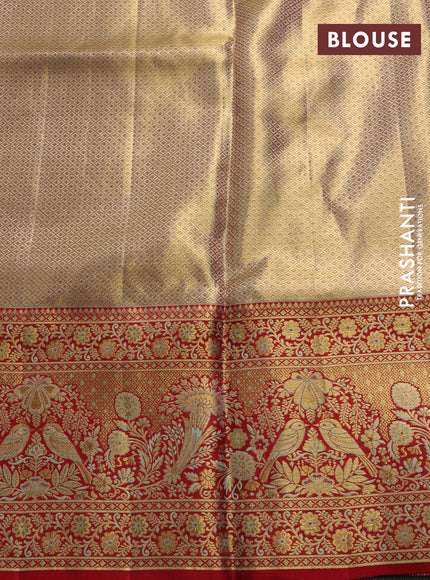 Pure kanchipuram tissue silk saree teal shade and red with allover zari woven brocade weaves and rich parrot zari woven border