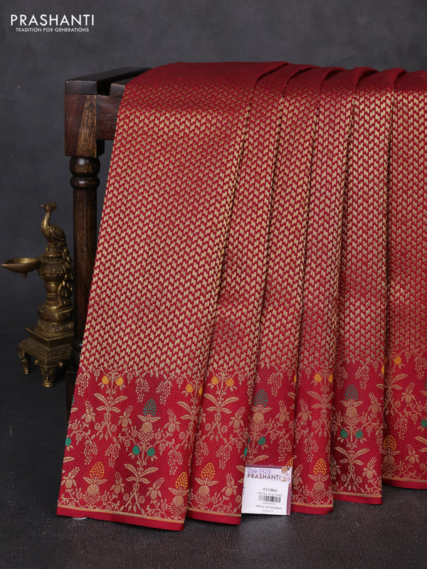 Pure kanchipuram silk saree deep maroon with allover zari brocade weaves and meenakari border