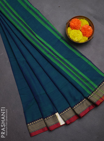 Narayanpet cotton saree dual shade of bluish green and navy blue maroon with plain body and temple design thread woven border