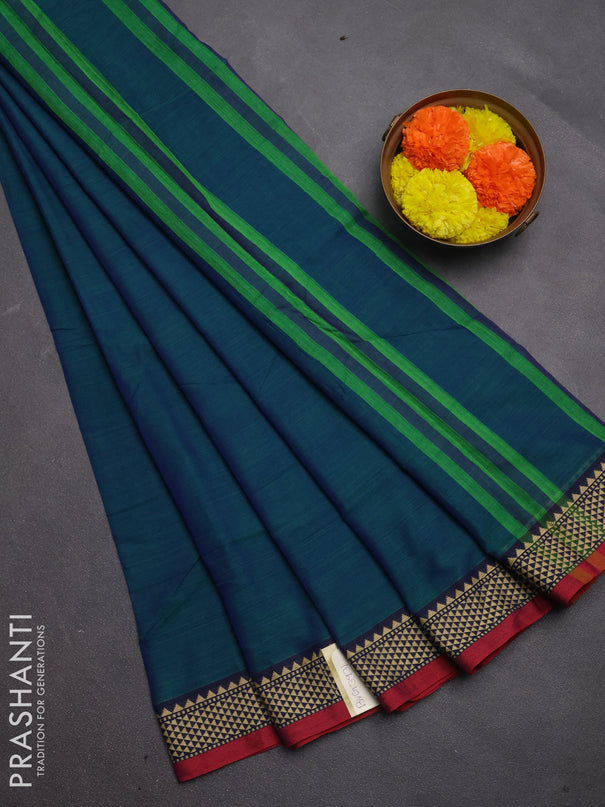 Narayanpet cotton saree dual shade of bluish green and navy blue maroon with plain body and temple design thread woven border