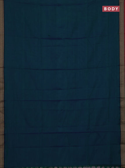Narayanpet cotton saree dual shade of bluish green and navy blue maroon with plain body and temple design thread woven border