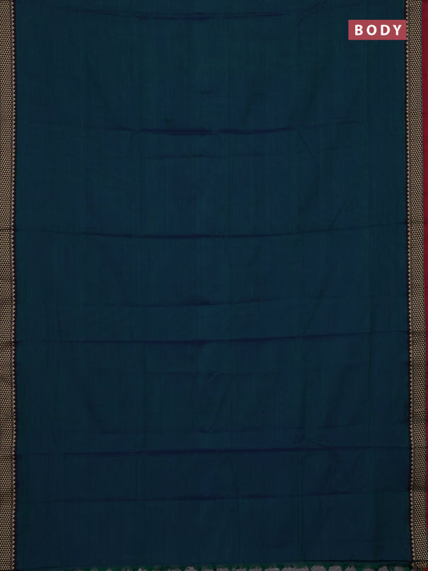 Narayanpet cotton saree dual shade of bluish green and navy blue maroon with plain body and temple design thread woven border