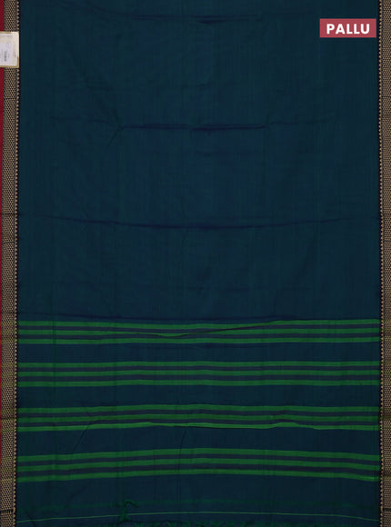 Narayanpet cotton saree dual shade of bluish green and navy blue maroon with plain body and temple design thread woven border