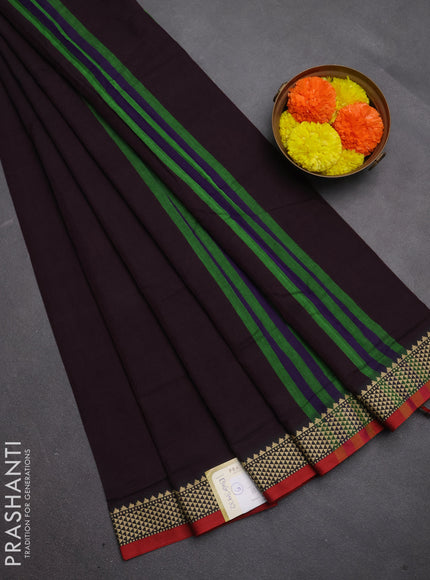 Narayanpet cotton saree deep wine and maroon with plain body and temple design thread woven border