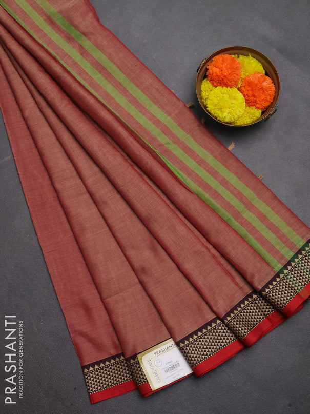 Narayanpet cotton saree red shade with plain body and temple design thread woven border