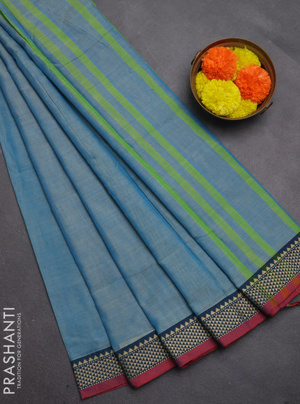 Narayanpet cotton saree light blue and maroon with plain body and temple design thread woven border
