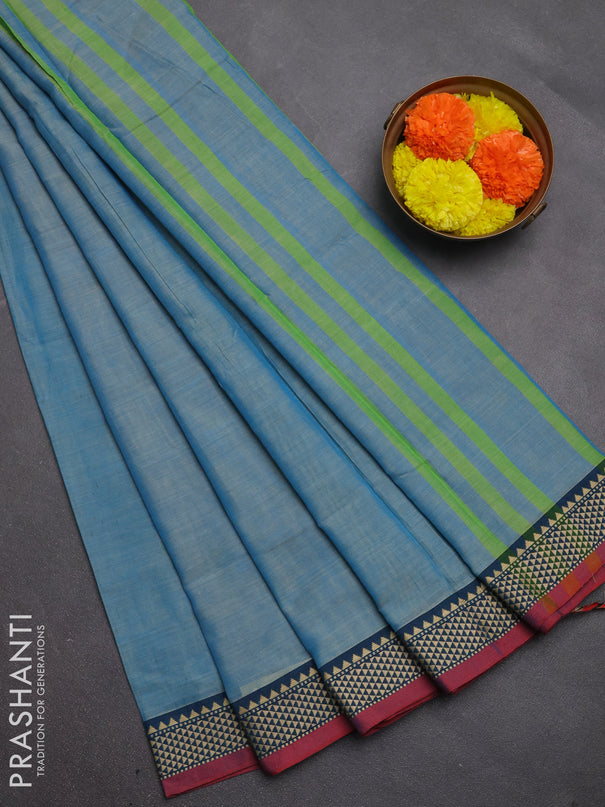 Narayanpet cotton saree light blue and maroon with plain body and temple design thread woven border