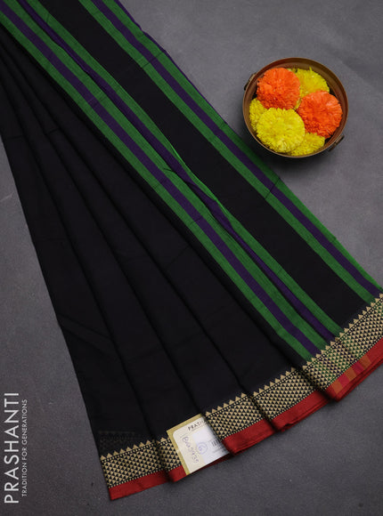 Narayanpet cotton saree black and maroon with plain body and temple design thread woven border