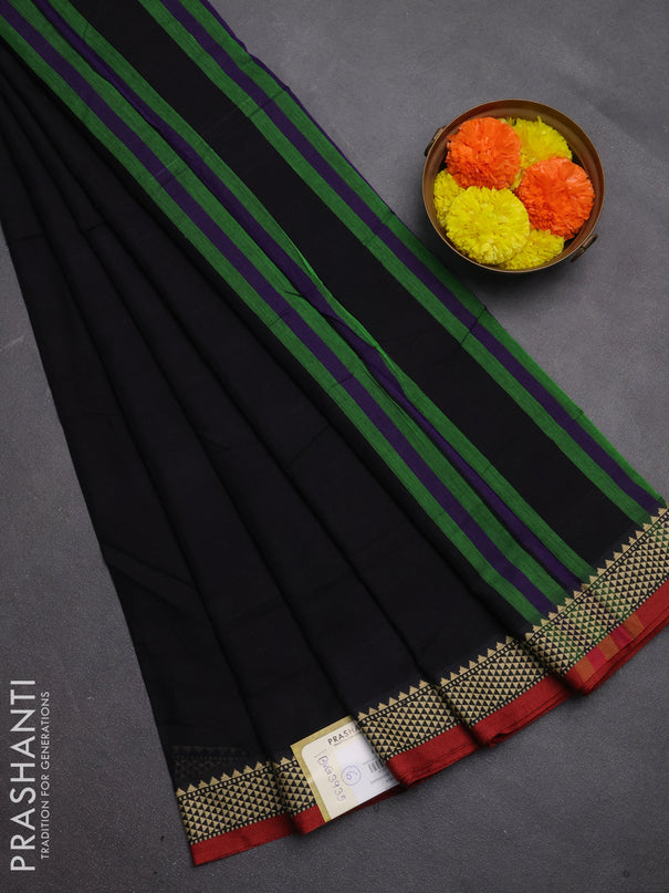 Narayanpet cotton saree black and maroon with plain body and temple design thread woven border