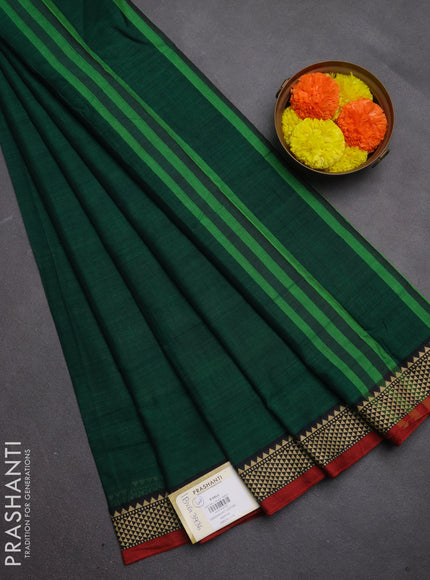 Narayanpet cotton saree green and maroon with plain body and temple design thread woven border